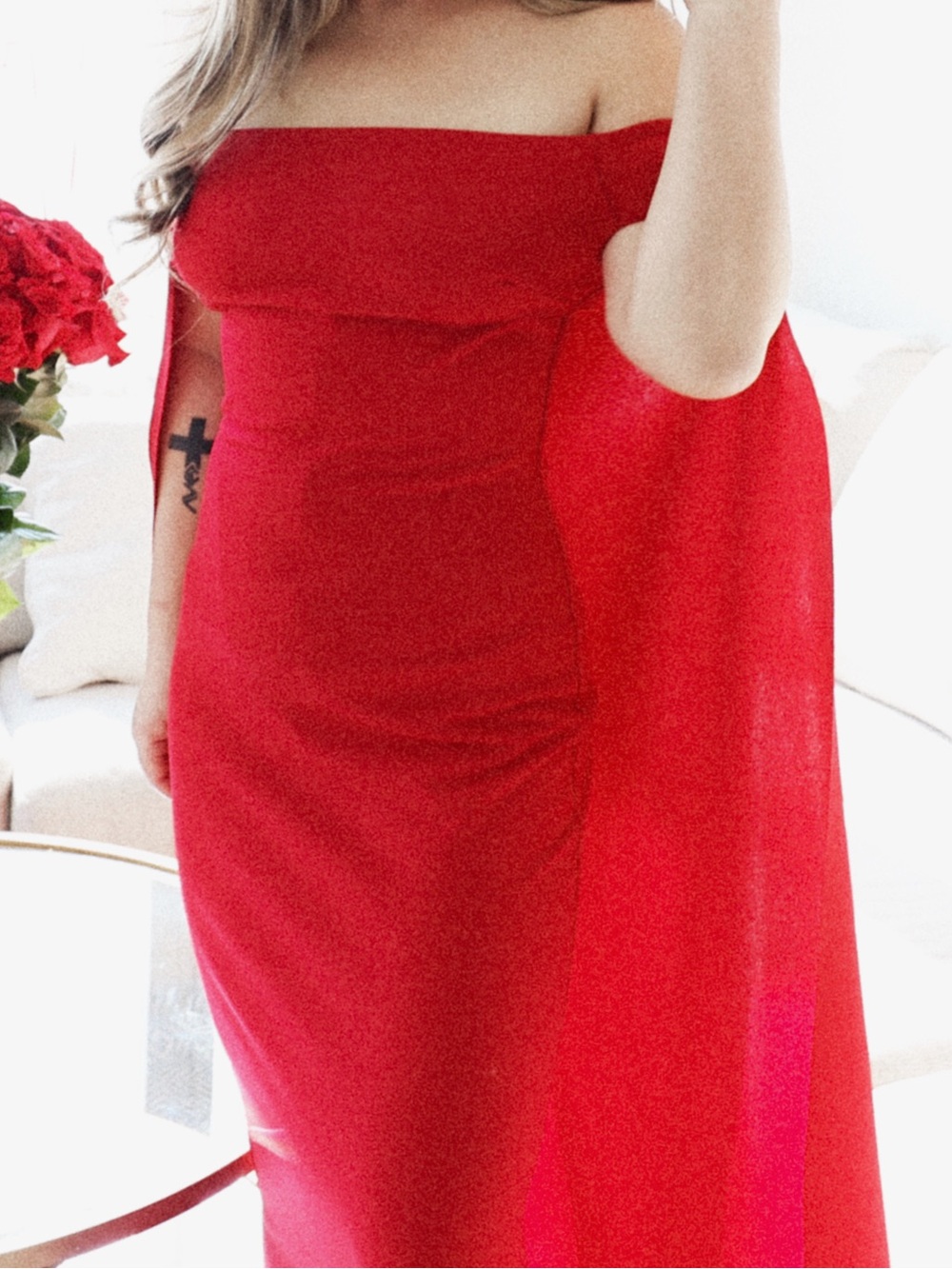 Off-Shoulder Red cape Evening Gown